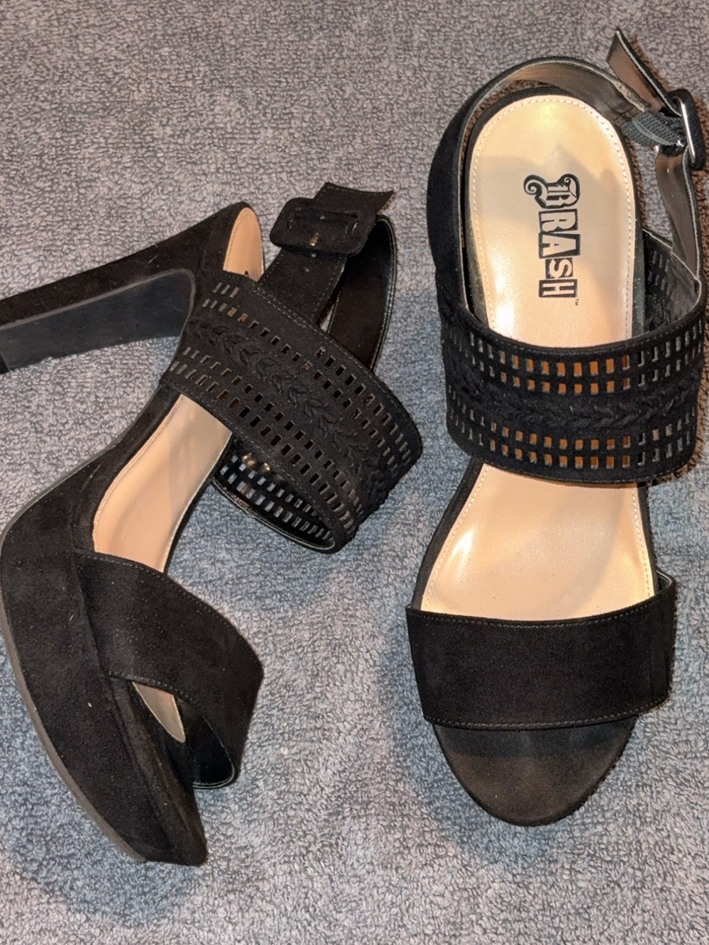 Brash Black Perforated Strap Block Heel Sandals